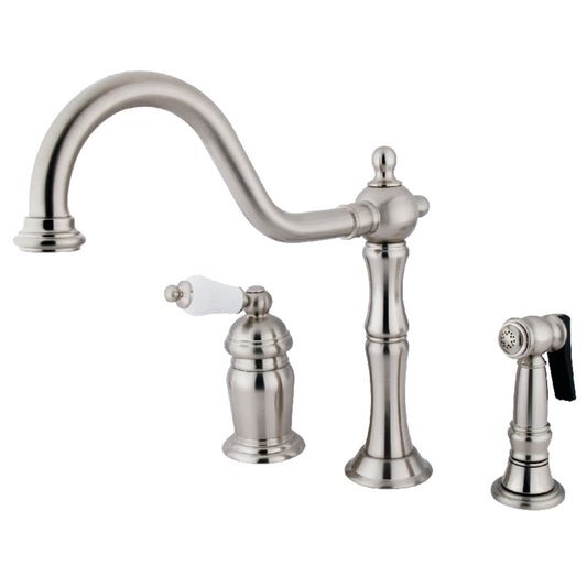 Kingston Brass KS1818PLBS Heritage Single-Handle Widespread Kitchen Faucet with Brass Sprayer, Brushed Nickel