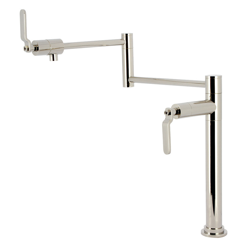Kingston Brass KS4703KL Whitaker Deck Mount Pot Filler Faucet, Antique Brass with foldable swing arms in polished nickel.