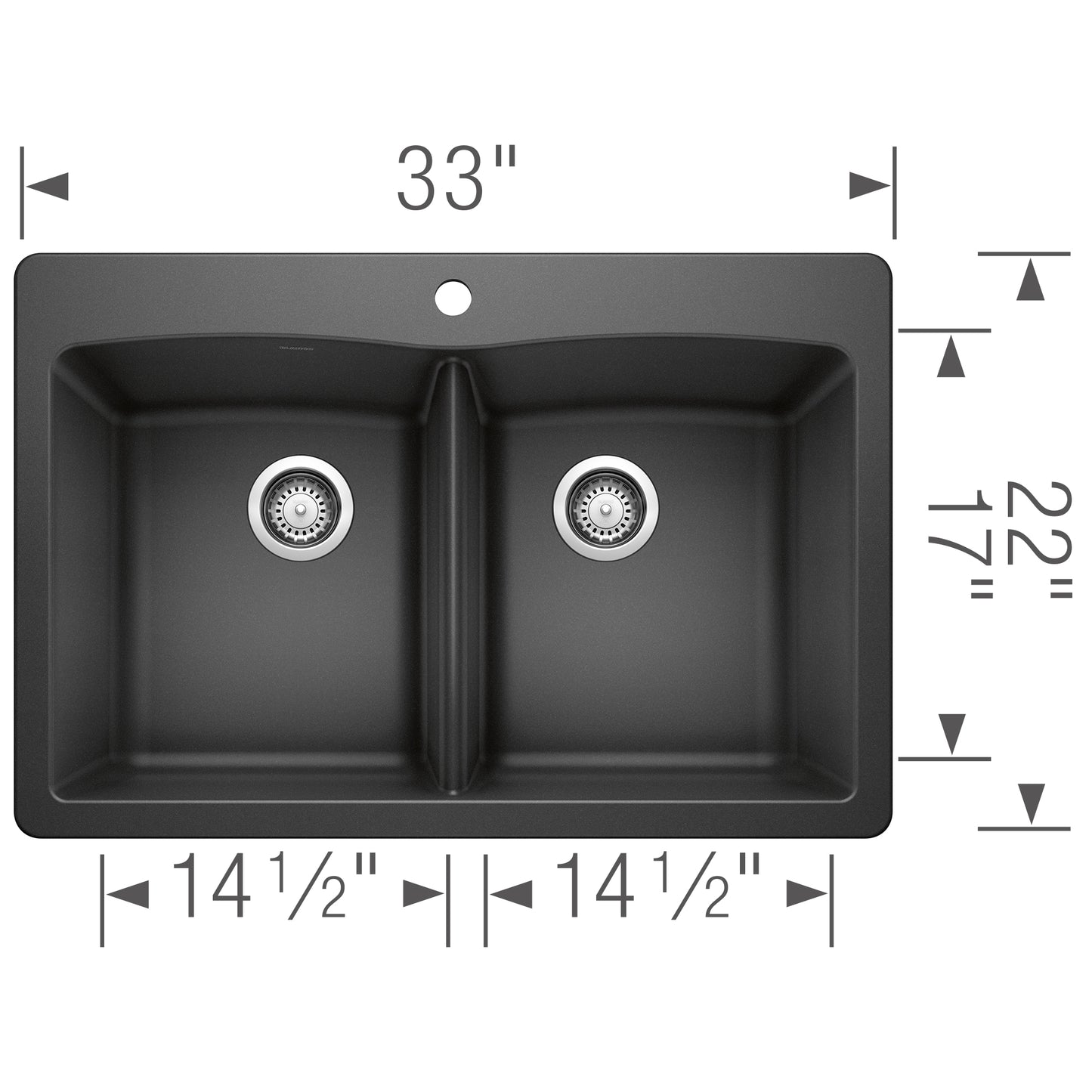 BLANCO Diamond SILGRANIT 33" 50/50 Double Bowl Dual Mount Kitchen Sink dimensions and features.