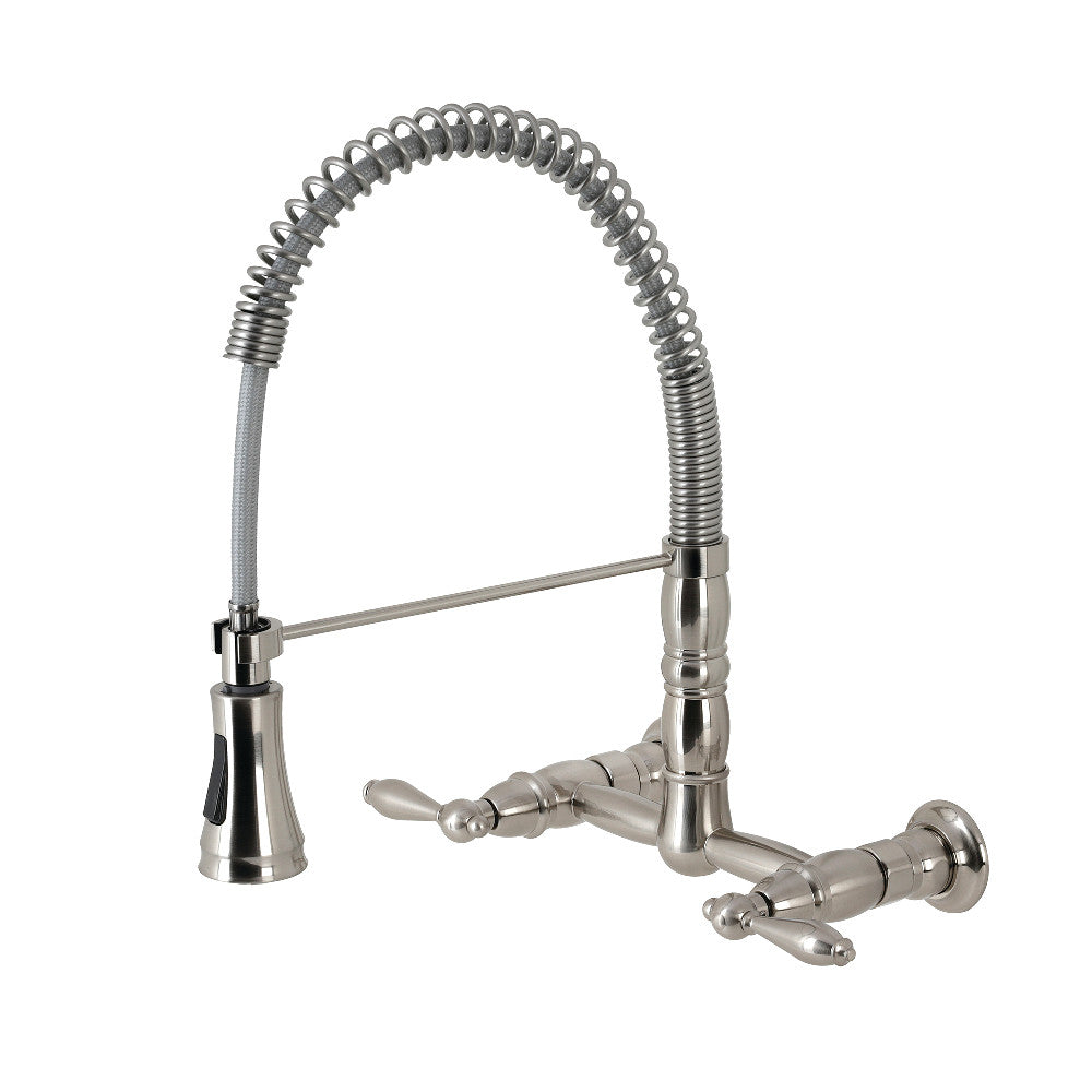 Gourmetier GS1243AL Heritage Double-Handle Wall-Mount Pre-Rinse Bridge Kitchen Faucet, Antique Brass with brushed nickel finish