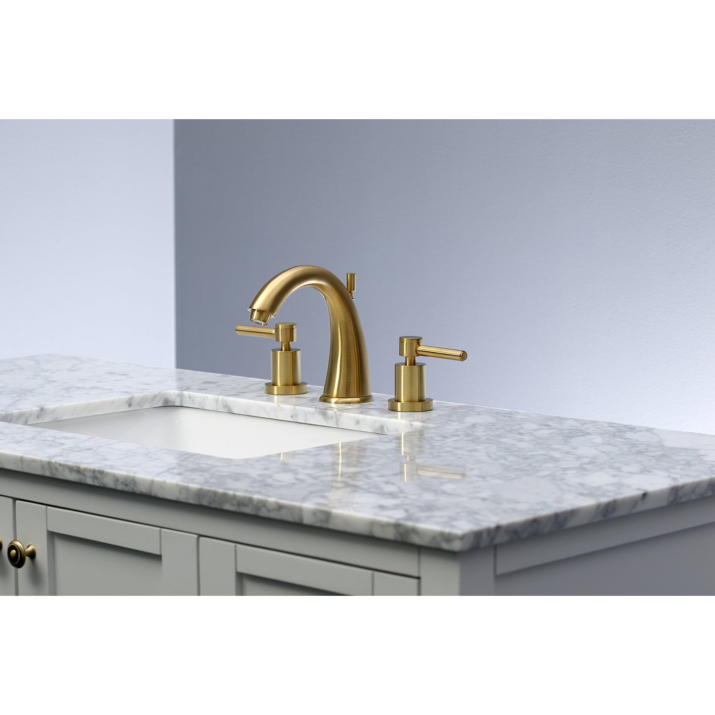 Kingston Brass KS2967DL Concord Widespread Bathroom Faucet on a marble countertop with sleek lever handles.