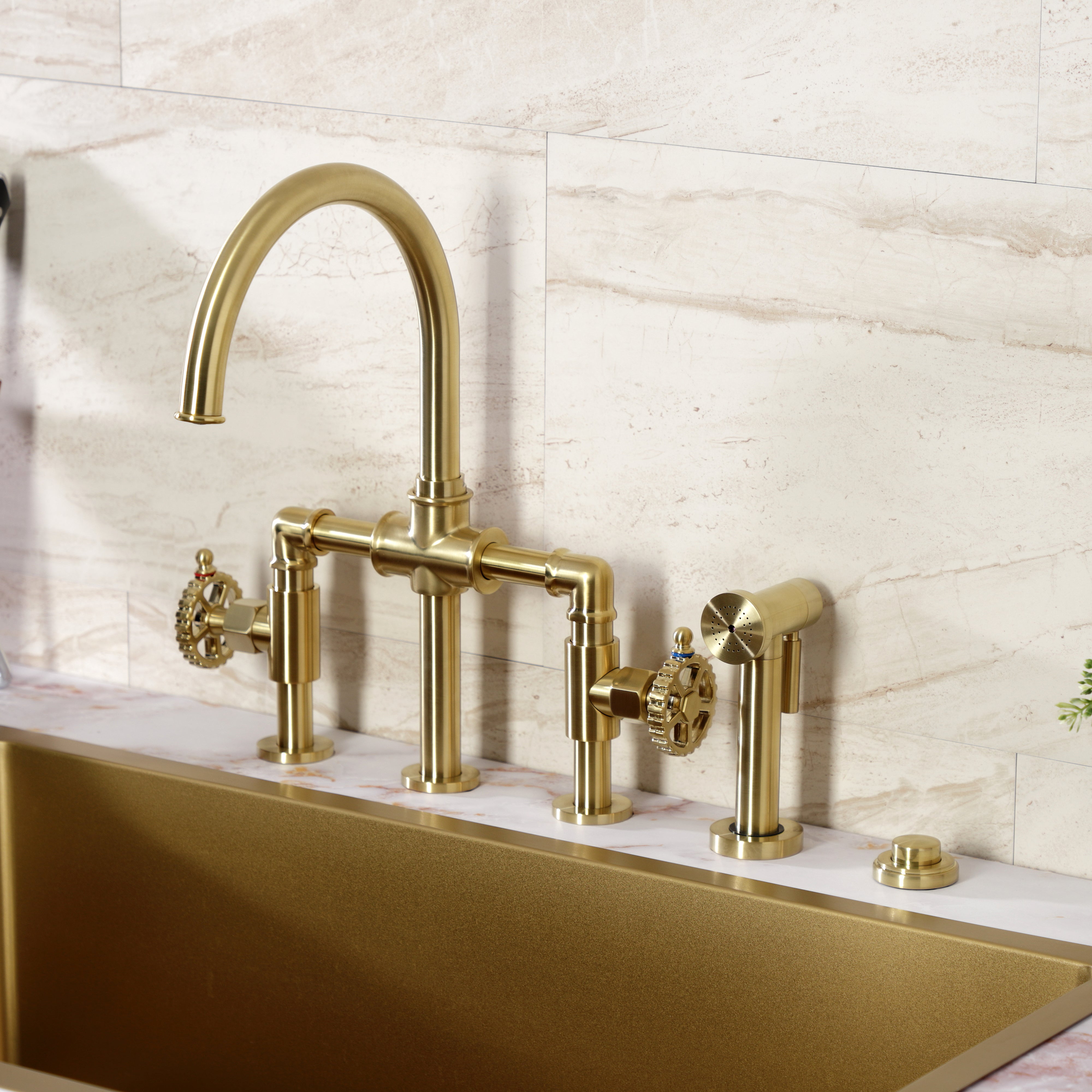 Kingston KS2334CG Fuller Industrial Style Bridge Kitchen Faucet with Brass Sprayer, Black Stainless