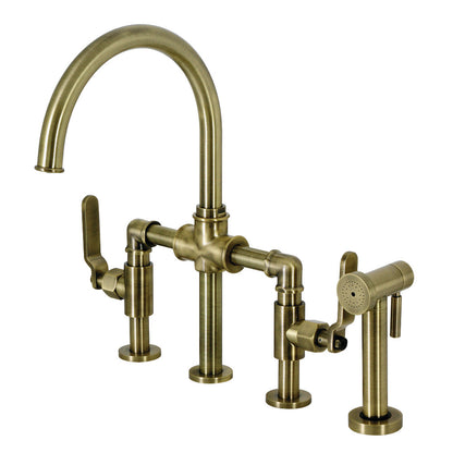 Kingston KS2333KL Whitaker Industrial Style Bridge Kitchen Faucet with Brass Sprayer, Antique Brass.