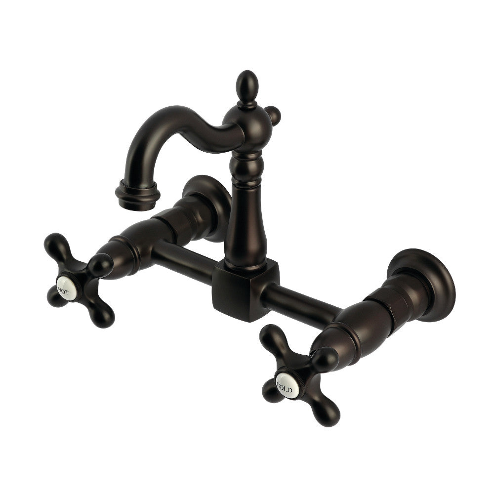 Kingston KS2443AX Heritage Two-Handle Wall Mount Bridge Kitchen Faucet, Antique Brass with cross handles and swivel spout
