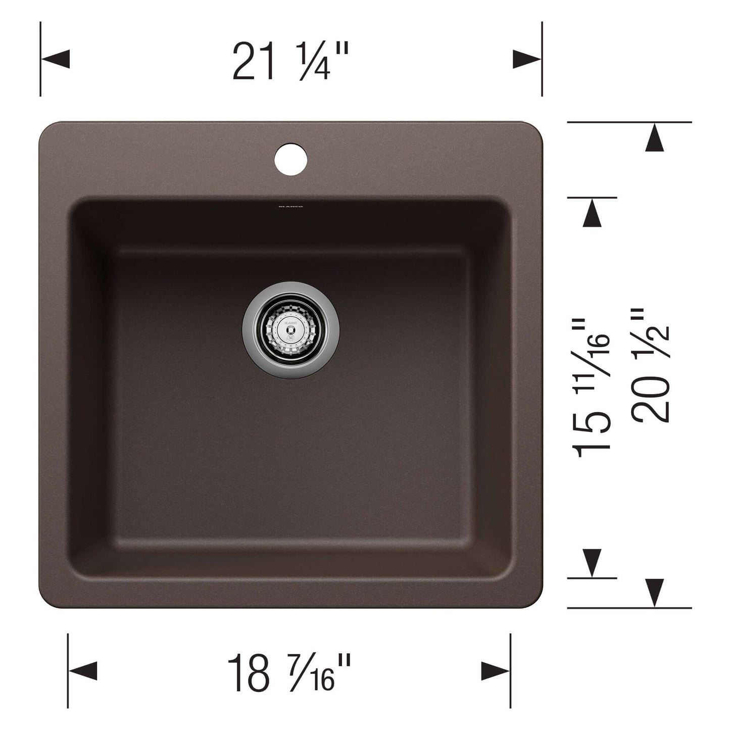 BLANCO Liven SILGRANIT 21" Single Bowl Dual Mount Kitchen Sink dimensions illustration with precise measurements.