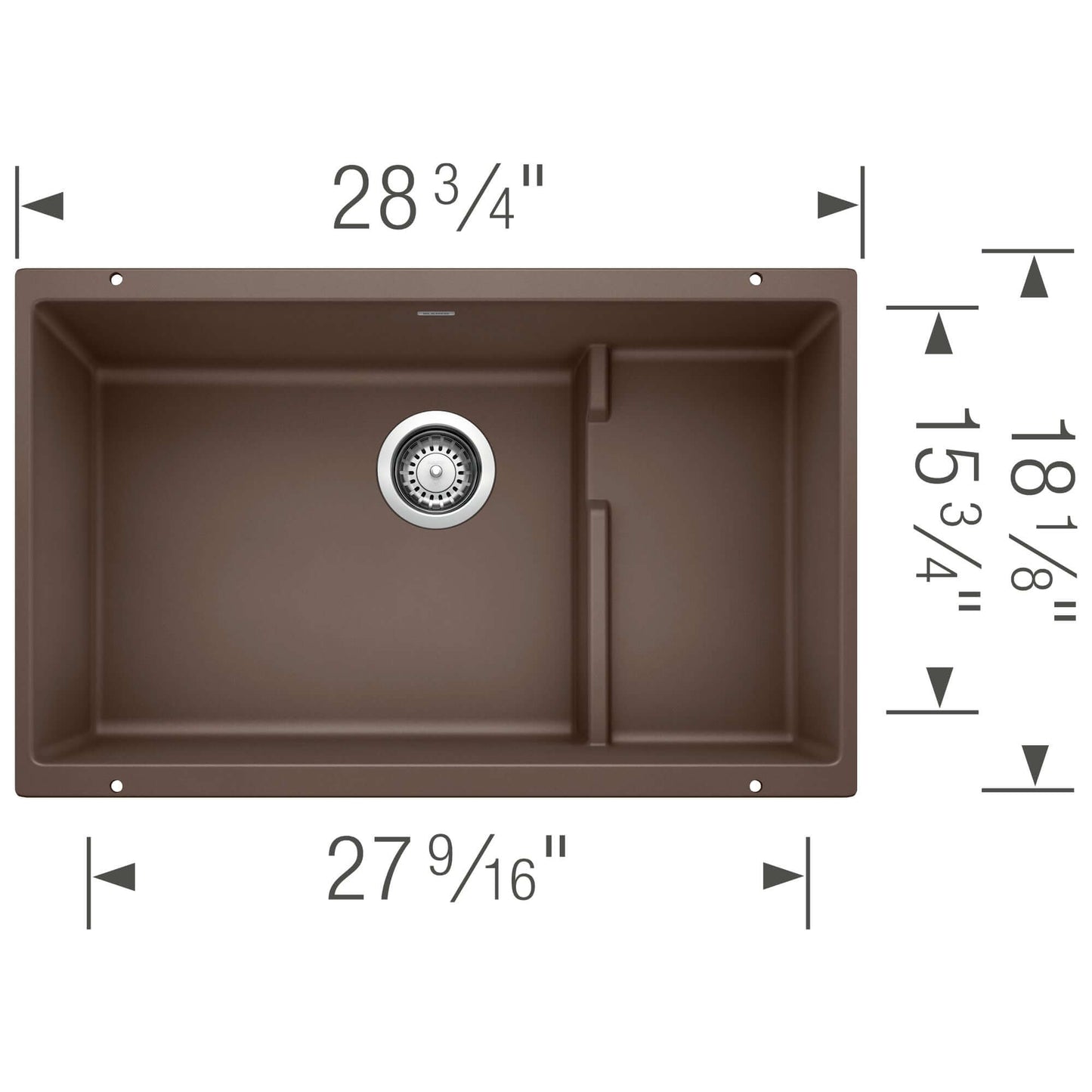 BLANCO Precis Cascade SILGRANIT 29" Single Bowl Undermount Kitchen Sink with Colander dimensions view