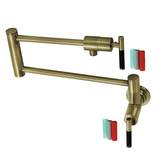 Kingston Brass KS4103CKL Kaiser Wall Mount Pot Filler Faucet, Antique Brass with ergonomic black silicone handles.
