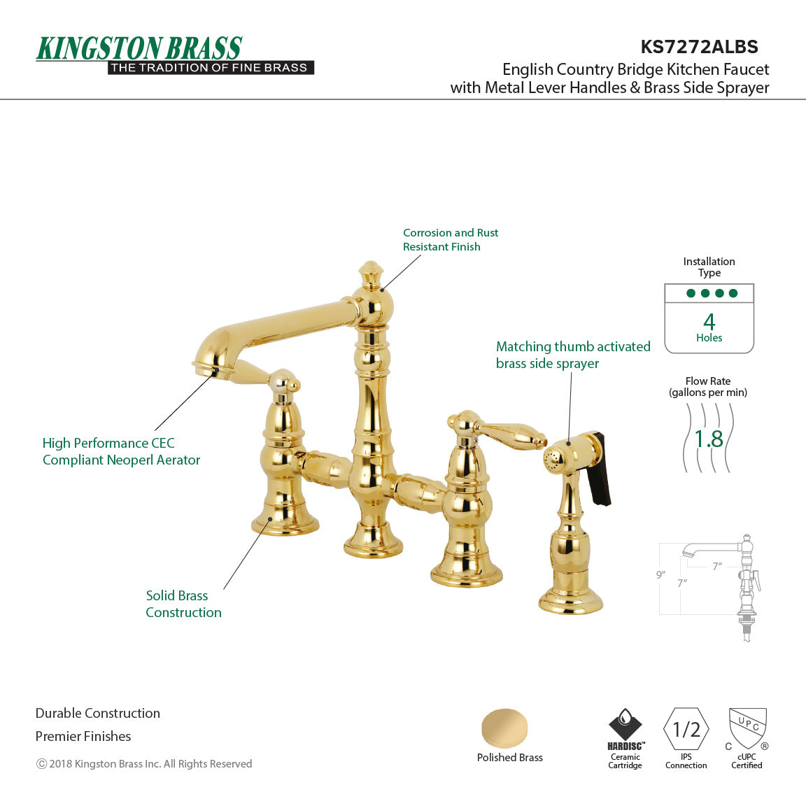 Kingston KS7277ALBS English Country Bridge Kitchen Faucet with Brass Sprayer, Brushed Brass