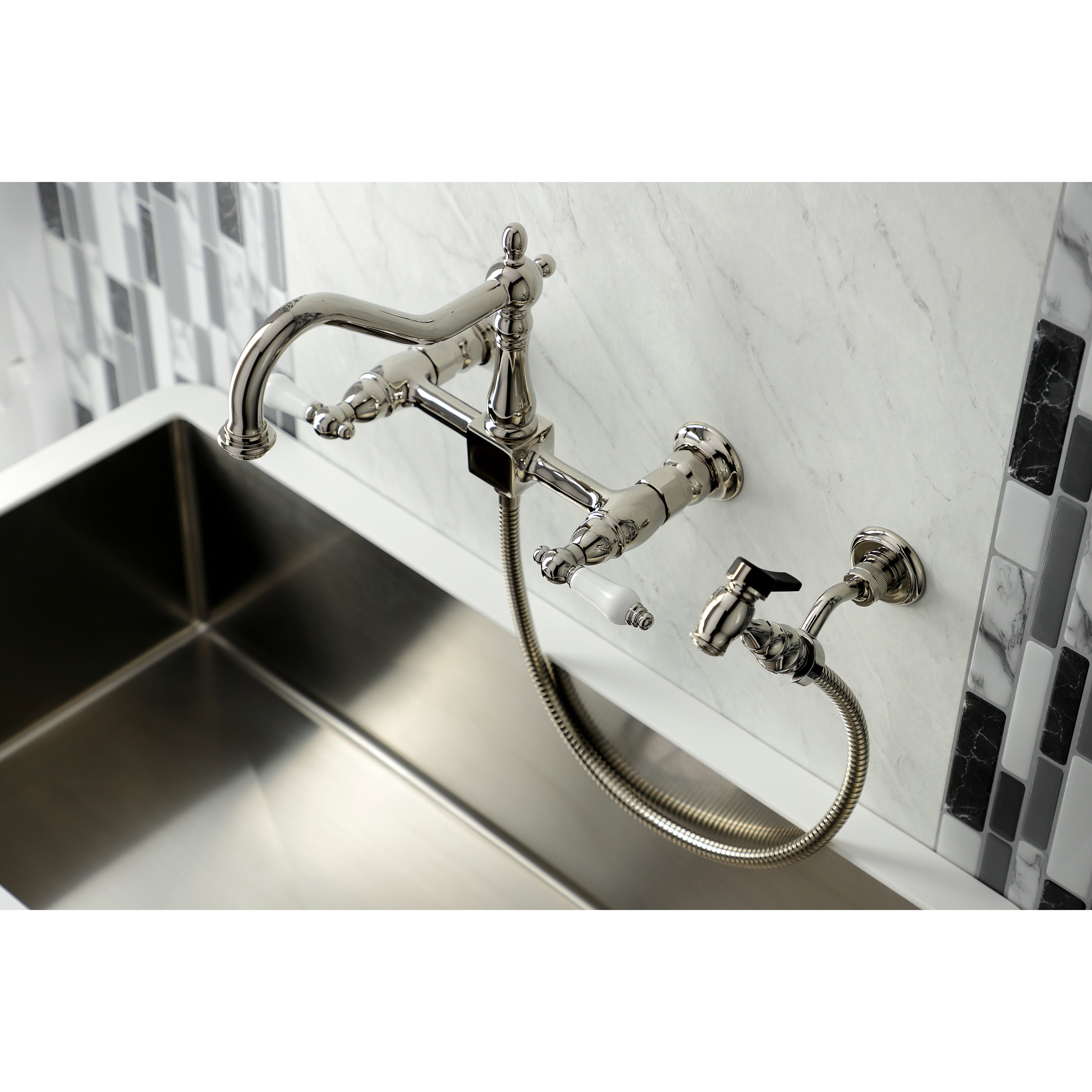 Kingston KS1243PLBS Heritage Two-Handle Wall Mount Bridge Kitchen Faucet with Brass Sprayer, Antique Brass