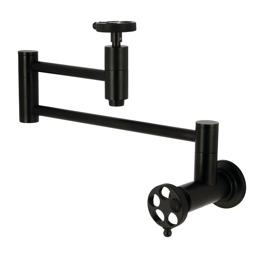 Kingston Brass KS8103RKZ Wendell Wall Mount Pot Filler Faucet with Knurled Handle, Antique Brass in matte black finish