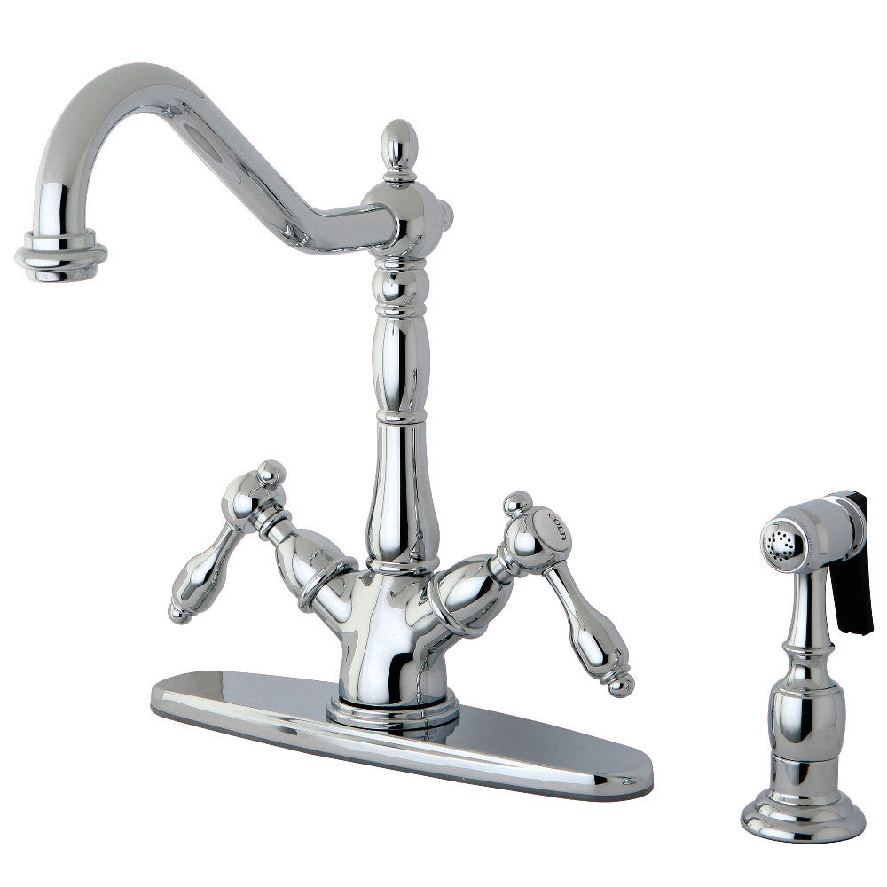 Kingston KS1238TALBS Tudor Two-Handle Kitchen Faucet with Brass Sprayer, Brushed Nickel