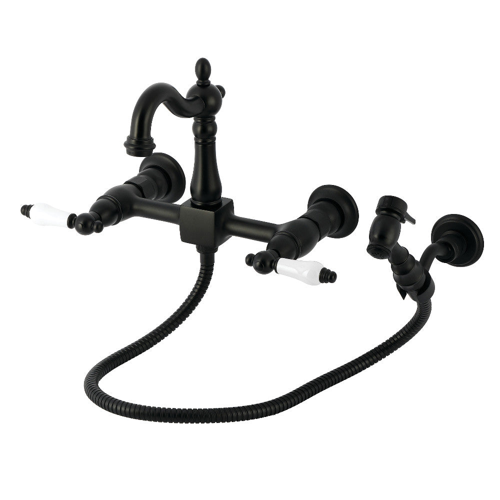 Kingston KS2443PLBS Heritage Two-Handle Wall Mount Bridge Kitchen Faucet with Brass Sprayer, Antique Brass