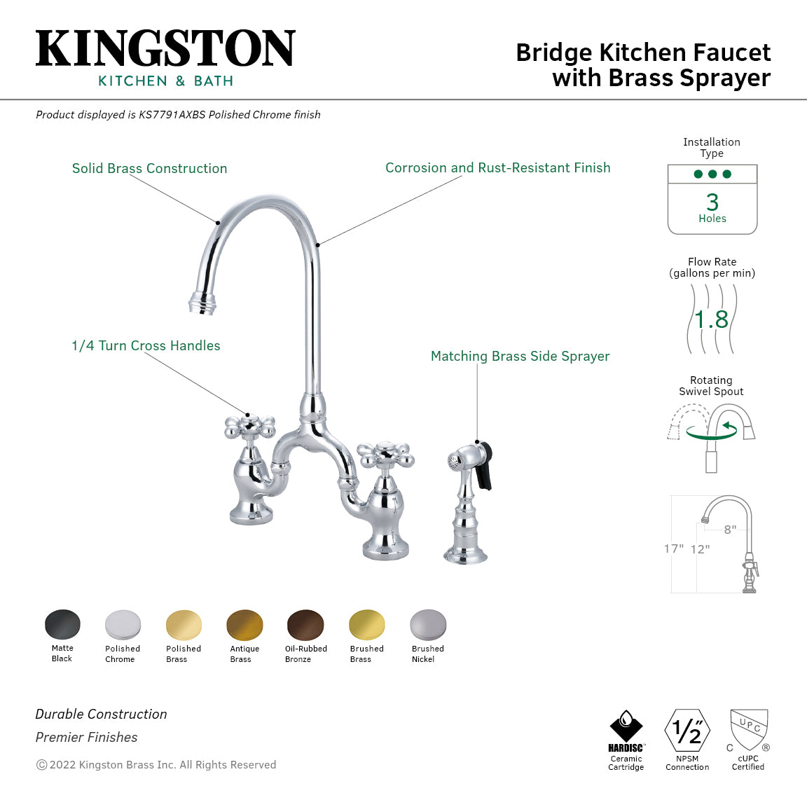 Kingston KS7793AXBS English Country Bridge Kitchen Faucet with Brass Sprayer, Antique Brass