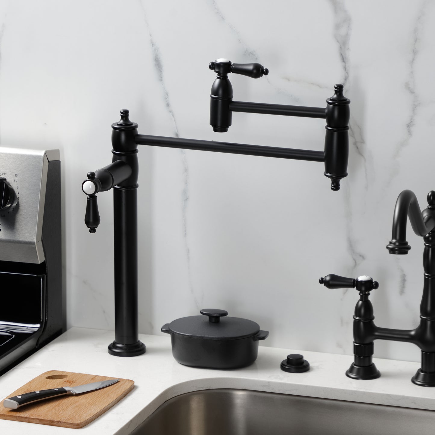 Kingston Brass KS3703BAL Heirloom Deck Mount Pot Filler Faucet, Antique Brass in modern kitchen setup