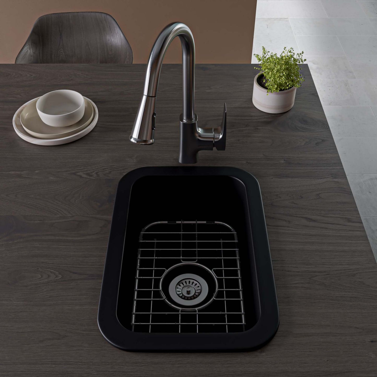 Alfi 13" x 19" Dual Mount Fireclay Prep Sink - ABF1319UD with modern faucet and grid.