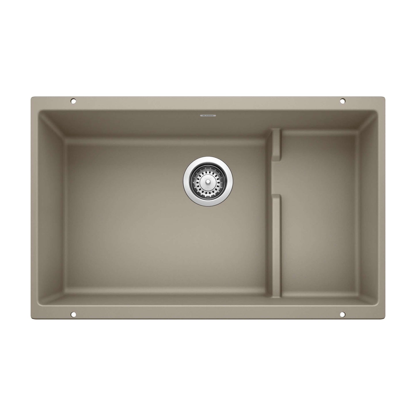 BLANCO Precis Cascade SILGRANIT 29" Single Bowl Undermount Kitchen Sink with Colander in Truffle color.