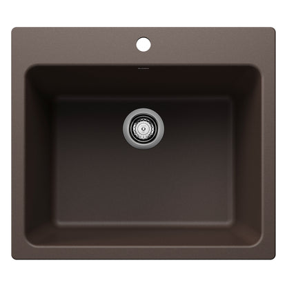 BLANCO Liven SILGRANIT 25" Single Bowl Dual Mount Laundry Sink in dark brown finish with single drainage hole.