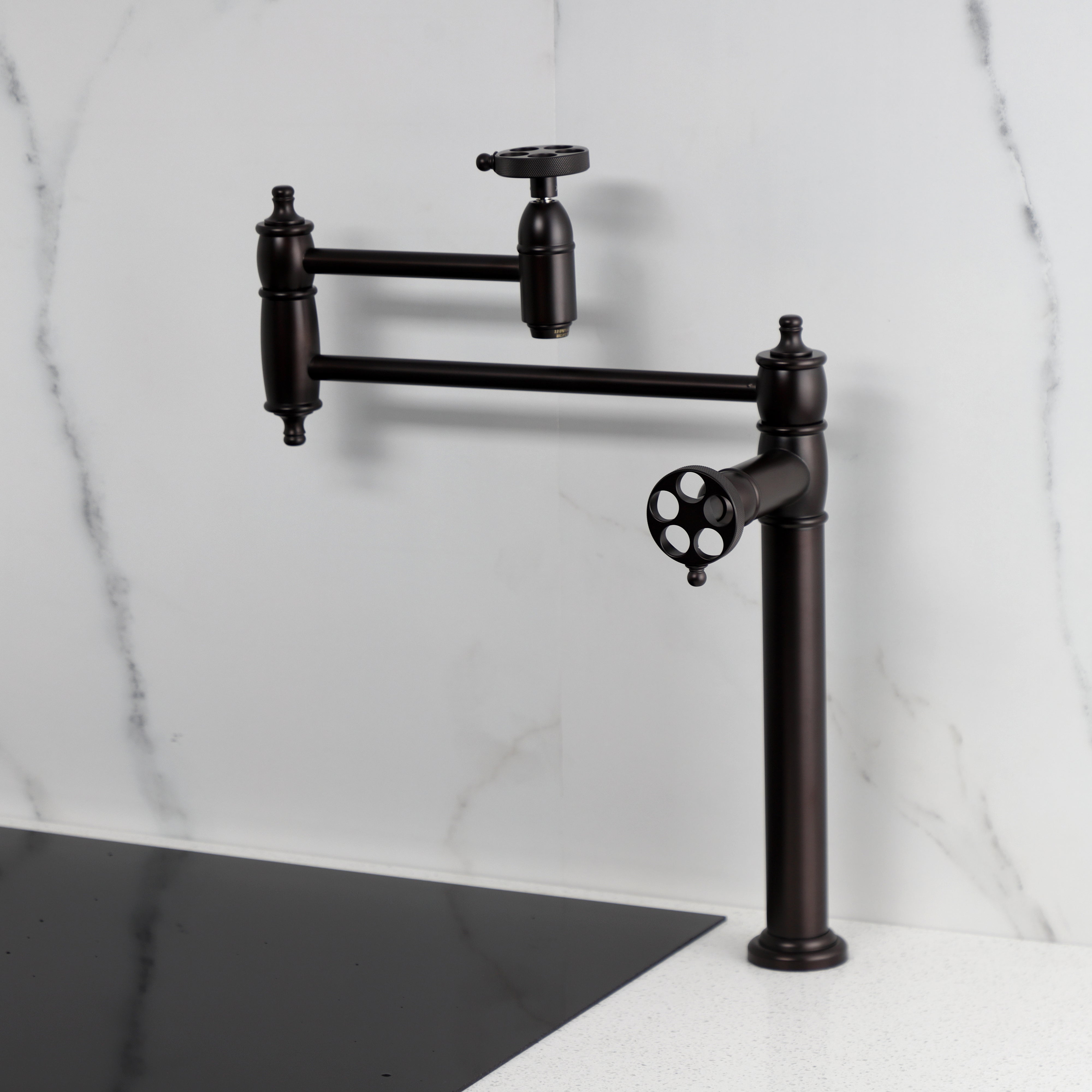 Kingston Brass KS3703RKZ Wendell Deck Mount Pot Filler Faucet with Knurled Handle, Antique Brass