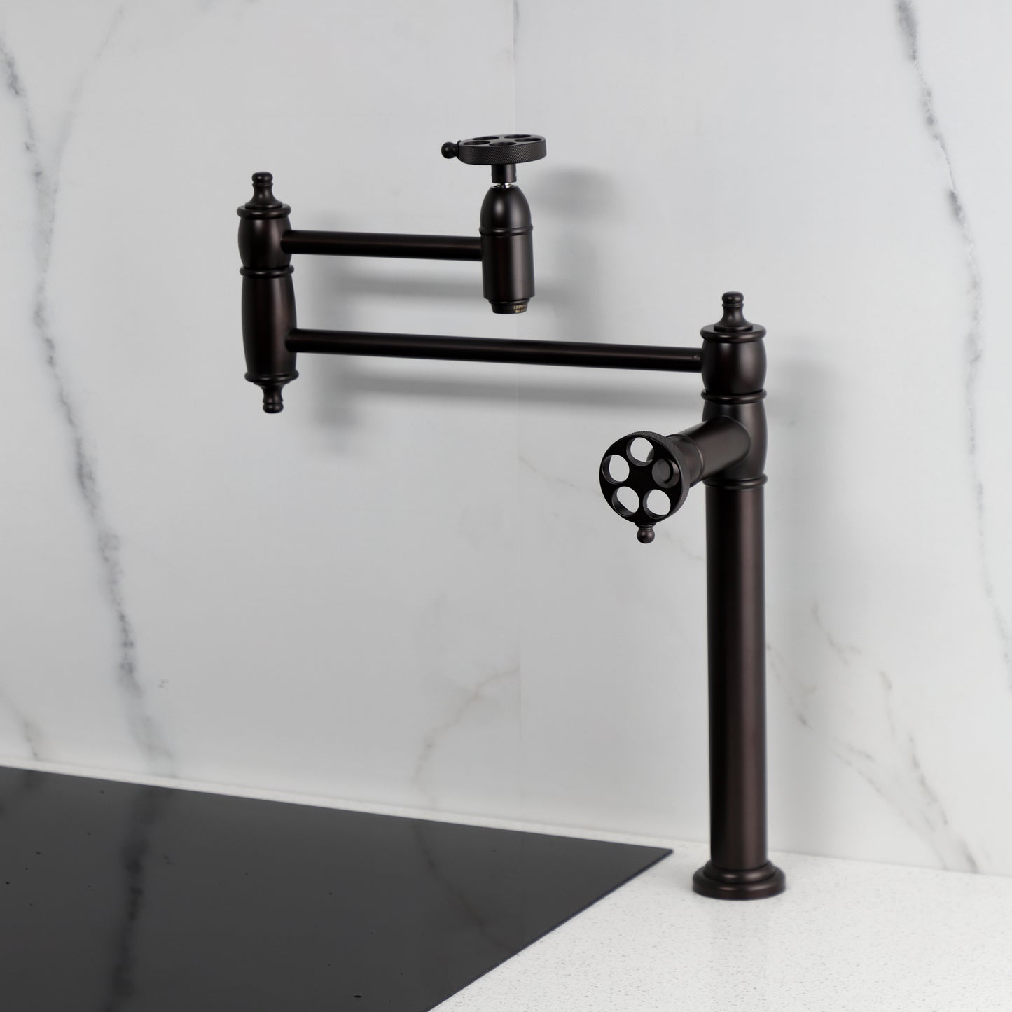 Kingston Brass KS3703RKZ Wendell Deck Mount Pot Filler Faucet with Knurled Handle, Antique Brass