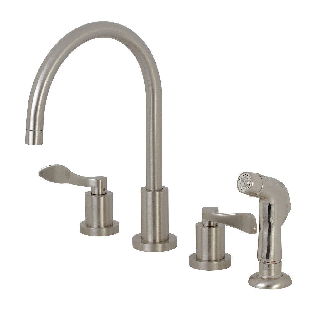 Kingston Brass KS8728DFL Double-Handle Widespread Kitchen Faucet with Plastic Sprayer, Brushed Nickel.