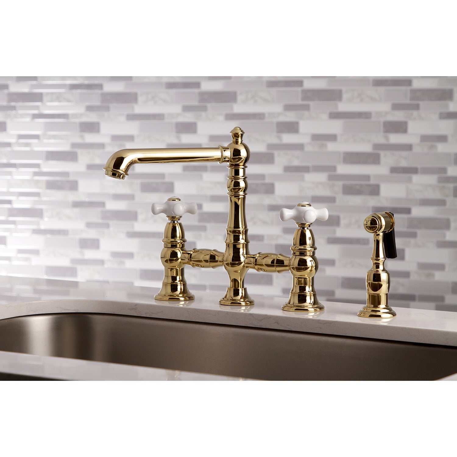 Kingston KS7277PXBS English Country Bridge Kitchen Faucet with Brass Sprayer, Brushed Brass