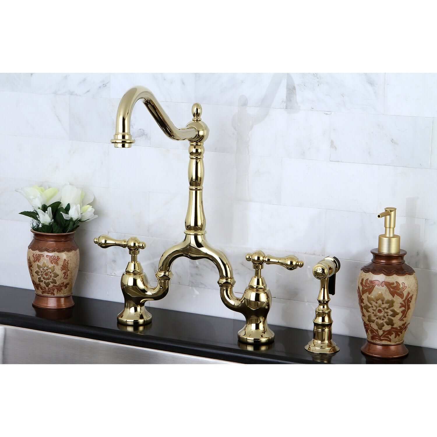 KINGSTON Brass English Country Kitchen Bridge Faucet with Brass Sprayer - Polished Brass