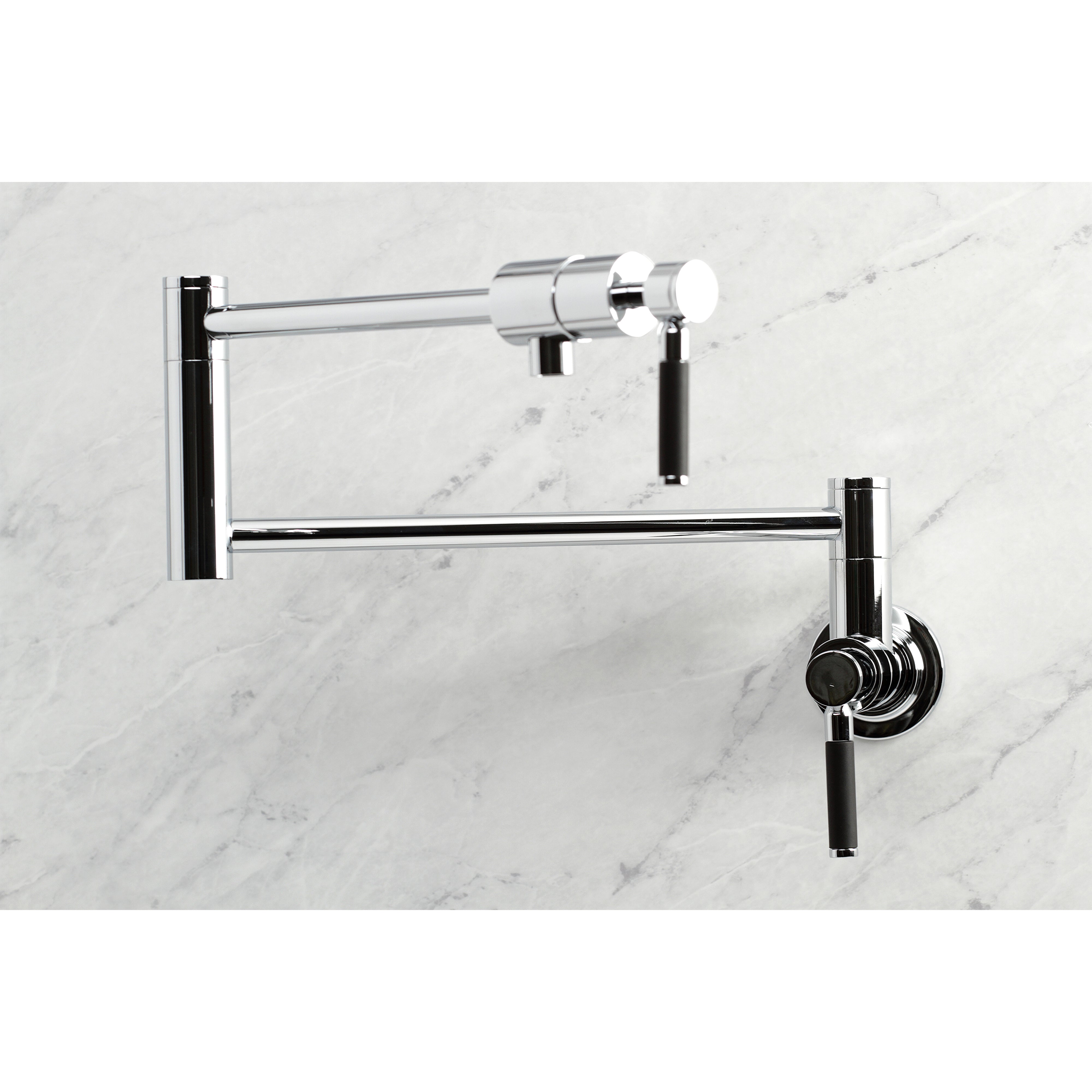 Kingston Brass KS4103DKL Kaiser Wall Mount Pot Filler Faucet, Antique Brass with black handles and modern design.