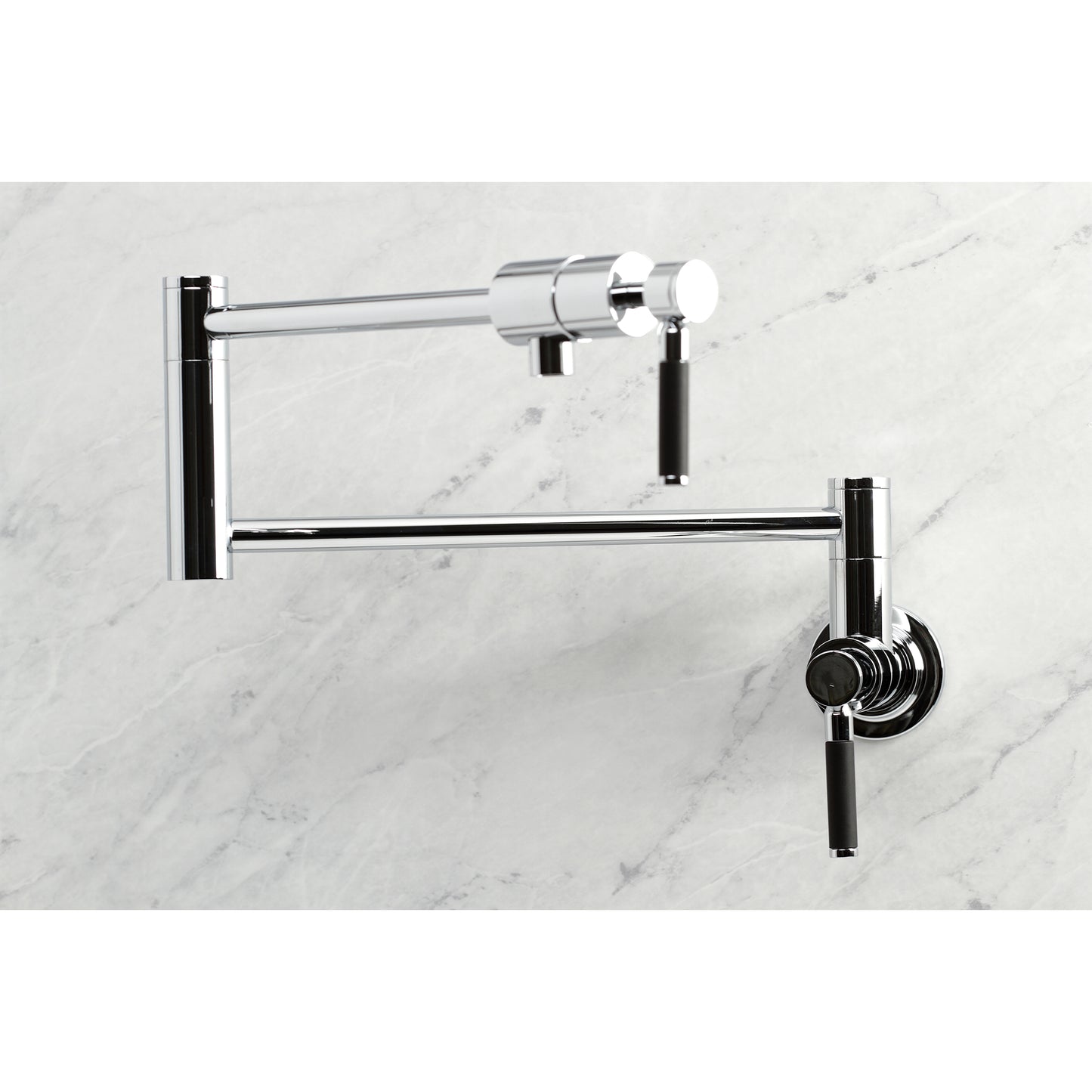 Kingston Brass KS4103DKL Kaiser Wall Mount Pot Filler Faucet, Antique Brass with black handles and modern design.