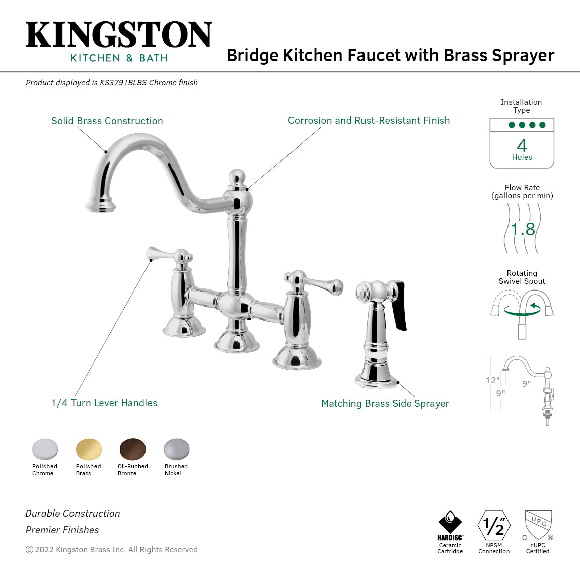 Kingston KS3798BLBS Restoration Bridge Kitchen Faucet with Brass Sprayer, Brushed Nickel in chrome finish