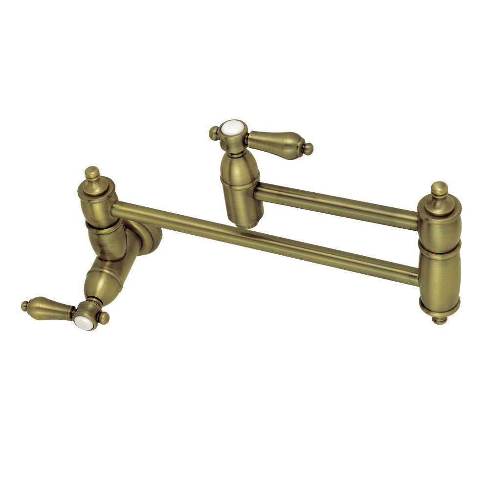 Kingston Brass KS3103BAL Heirloom Wall Mount Pot Filler Faucet, Antique Brass with foldable swing arms.