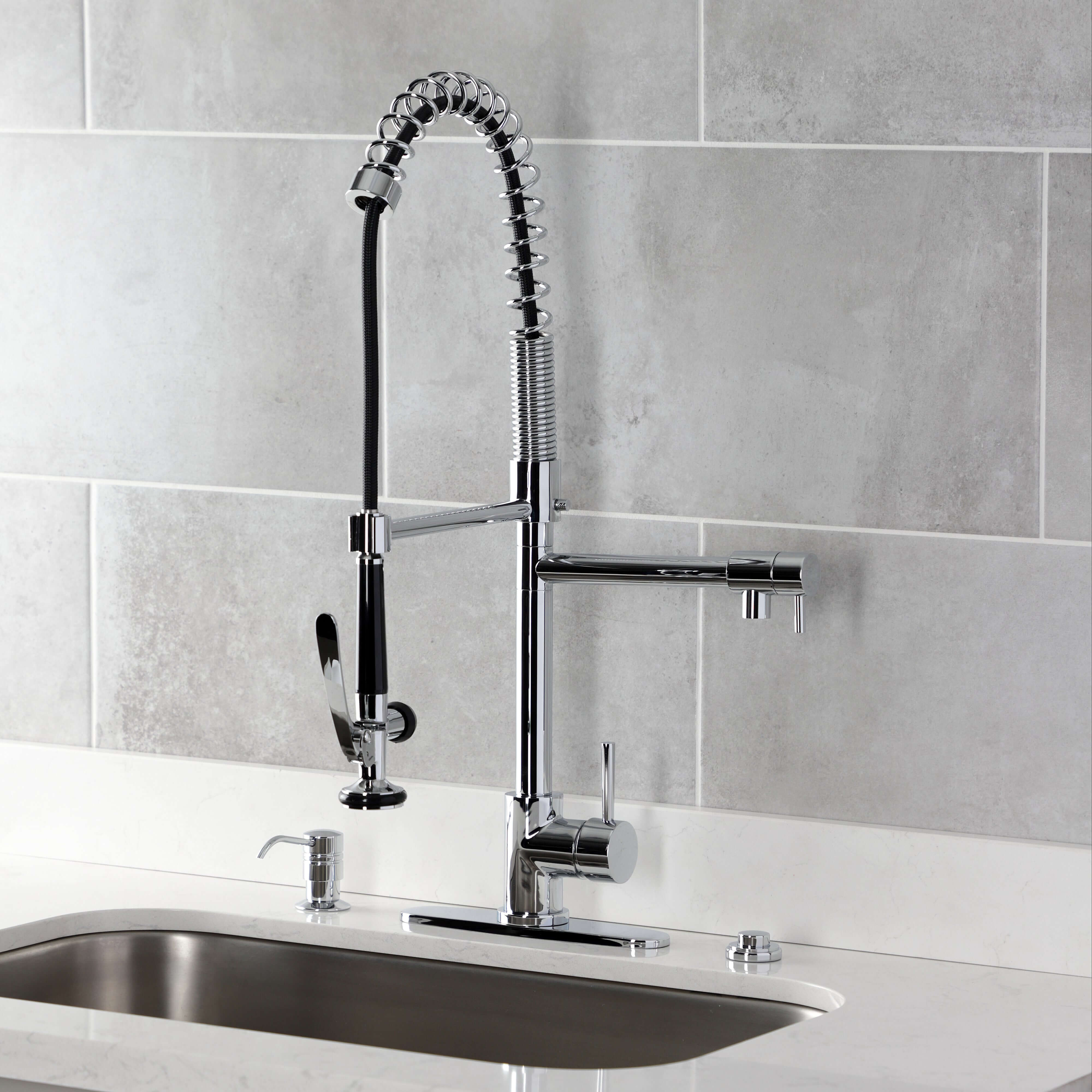 Kingston Brass LS8503DL Concord Single-Handle Deck-Mount Pre-Rinse Kitchen Faucet with Pot Filler, Brushed Brass