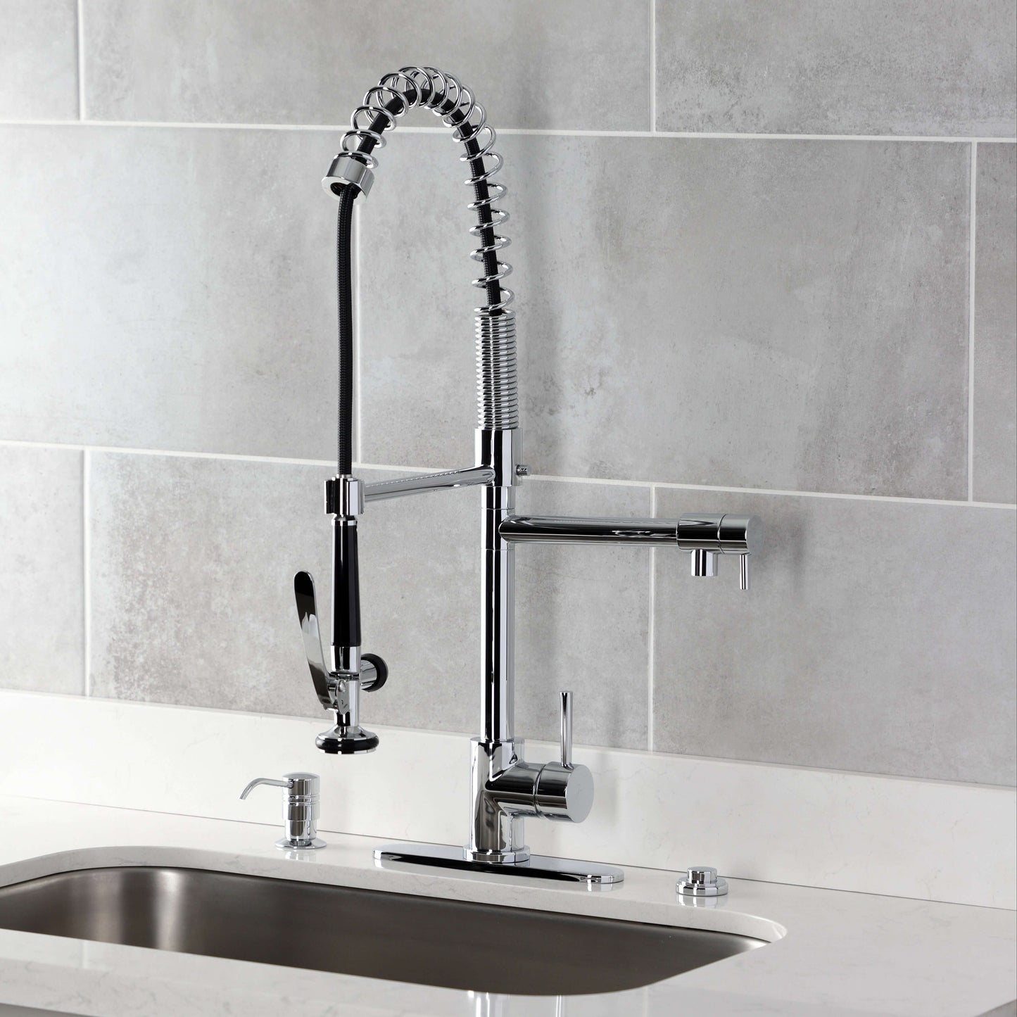 Kingston Brass LS8503DL Concord Single-Handle Deck-Mount Pre-Rinse Kitchen Faucet with Pot Filler, Brushed Brass