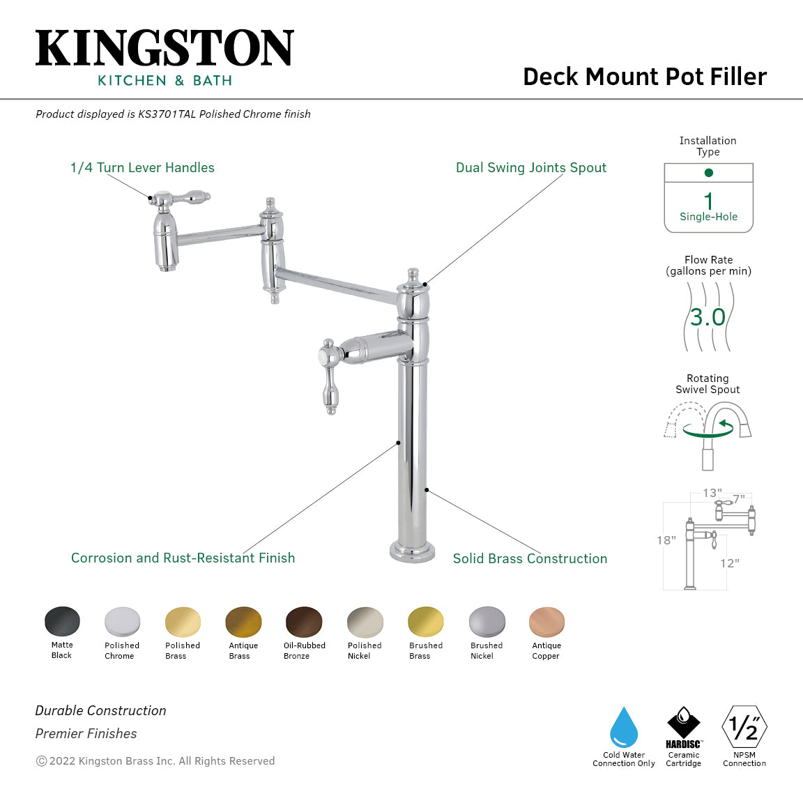 Kingston Brass KS3708TAL Tudor Deck Mount Pot Filler Faucet, Brushed Nickel, showcasing dual swing joints and durable construction.