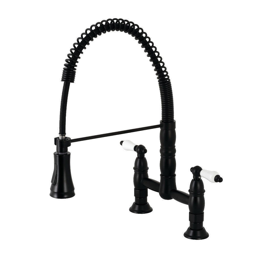 Gourmetier GS1273PL Heritage Double-Handle Deck-Mount Pre-Rinse Bridge Kitchen Faucet, Antique Brass in matte black finish.