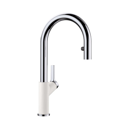 BLANCO Urbena Pull-Down Dual-Spray Kitchen Faucet showcasing a sleek chrome and white design for modern kitchens.