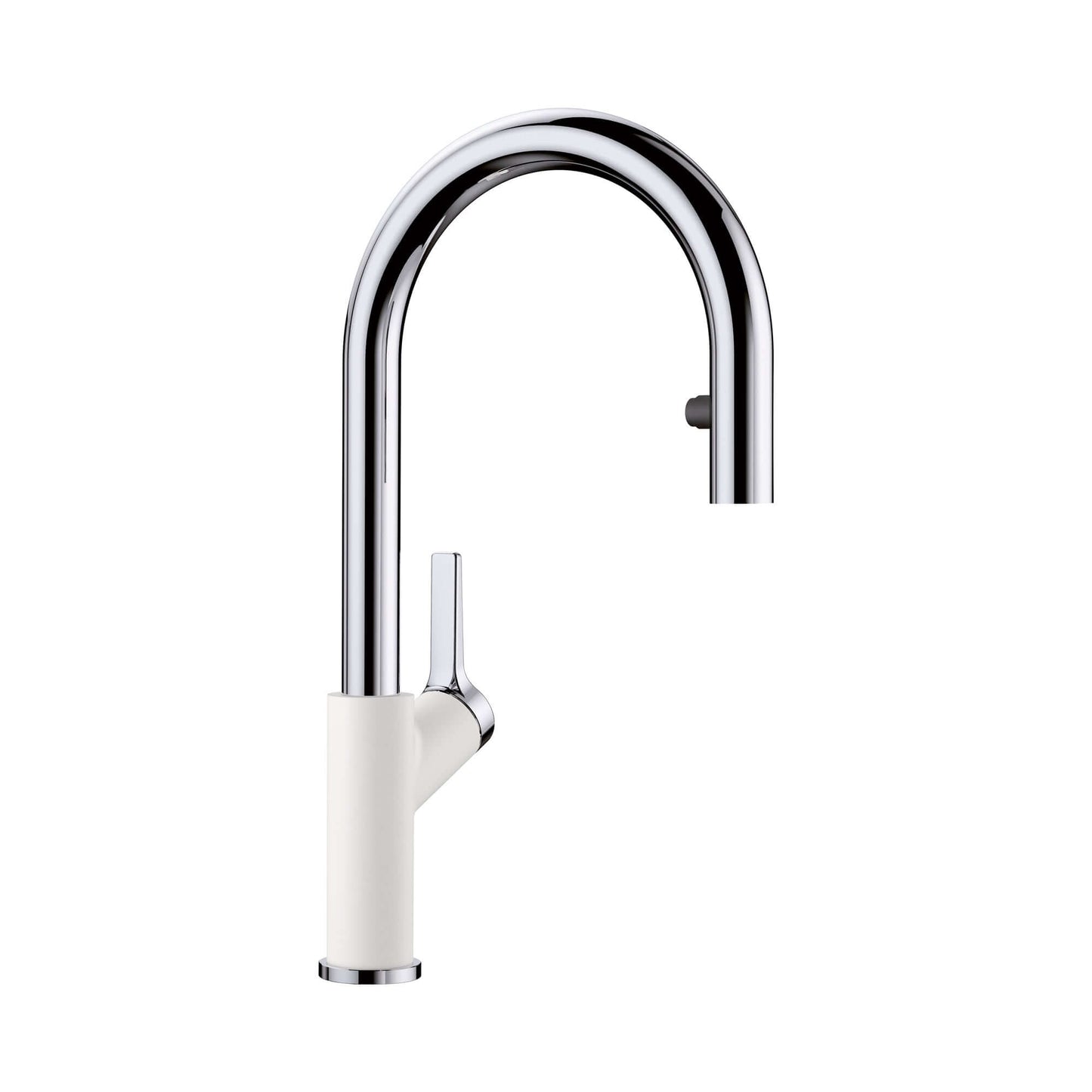 BLANCO Urbena Pull-Down Dual-Spray Kitchen Faucet showcasing a sleek chrome and white design for modern kitchens.