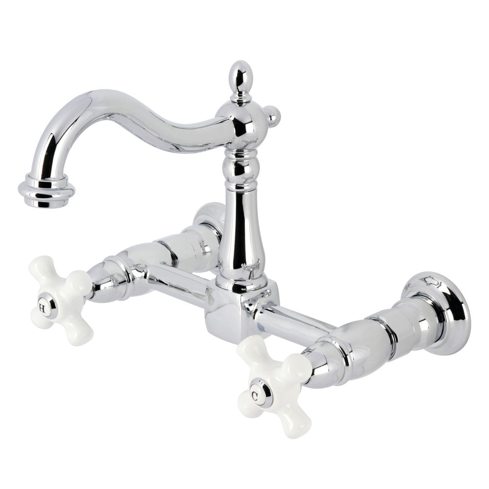 Kingston KS1263PX Heritage Two-Handle Wall Mount Bridge Kitchen Faucet, Antique Brass with white handles and polished chrome finish