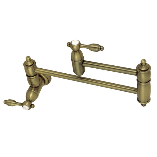 Kingston Brass KS3103TAL Tudor Wall Mount Pot Filler Faucet, Antique Brass with foldable swing arms.