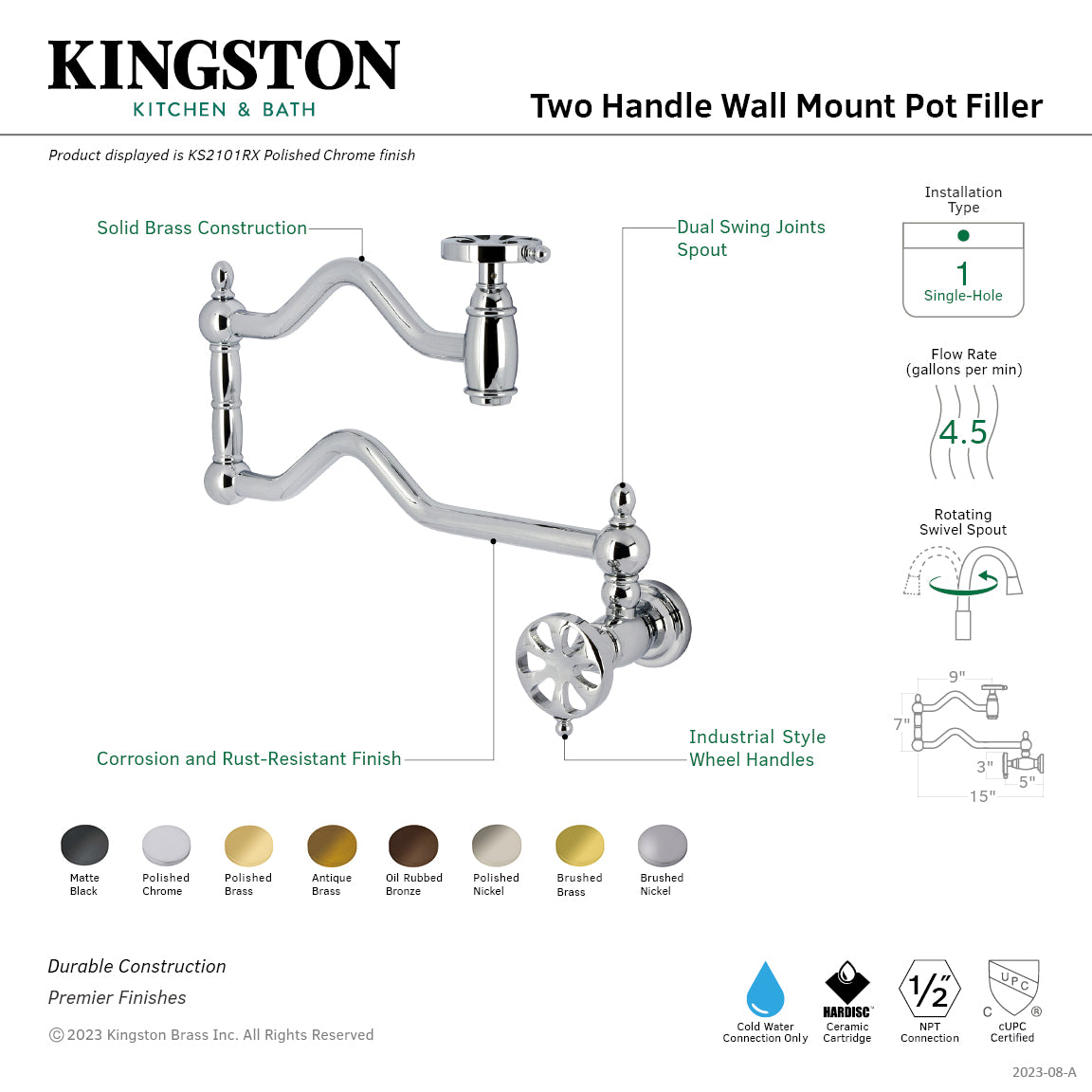 Kingston Brass KS2107RX Belknap Wall Mount Pot Filler Faucet, Brushed Brass design details and specifications.