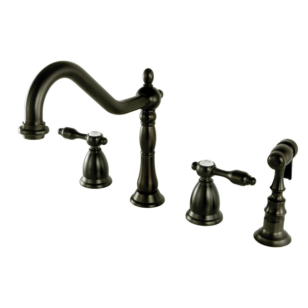 Kingston Brass KS1798TALBS Tudor Double-Handle Widespread Kitchen Faucet with Brass Sprayer, Brushed Nickel.
