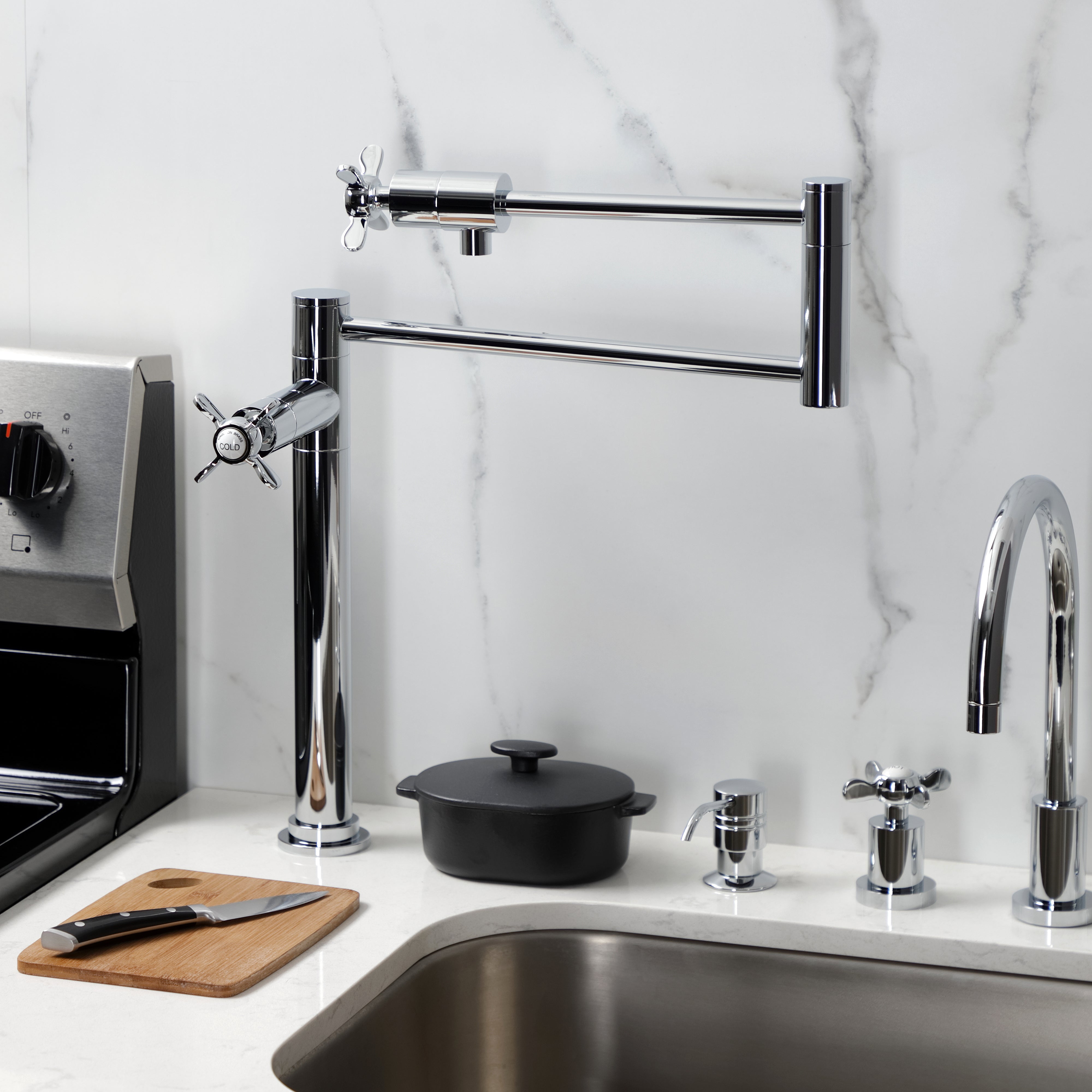Kingston Brass KS4705BEX Essex Deck Mount Pot Filler Faucet, Oil Rubbed Bronze in a modern kitchen setup.
