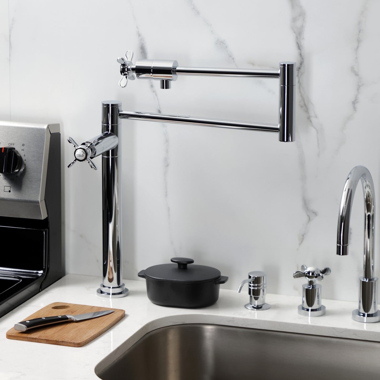 Kingston Brass KS4705BEX Essex Deck Mount Pot Filler Faucet, Oil Rubbed Bronze in a modern kitchen setup.
