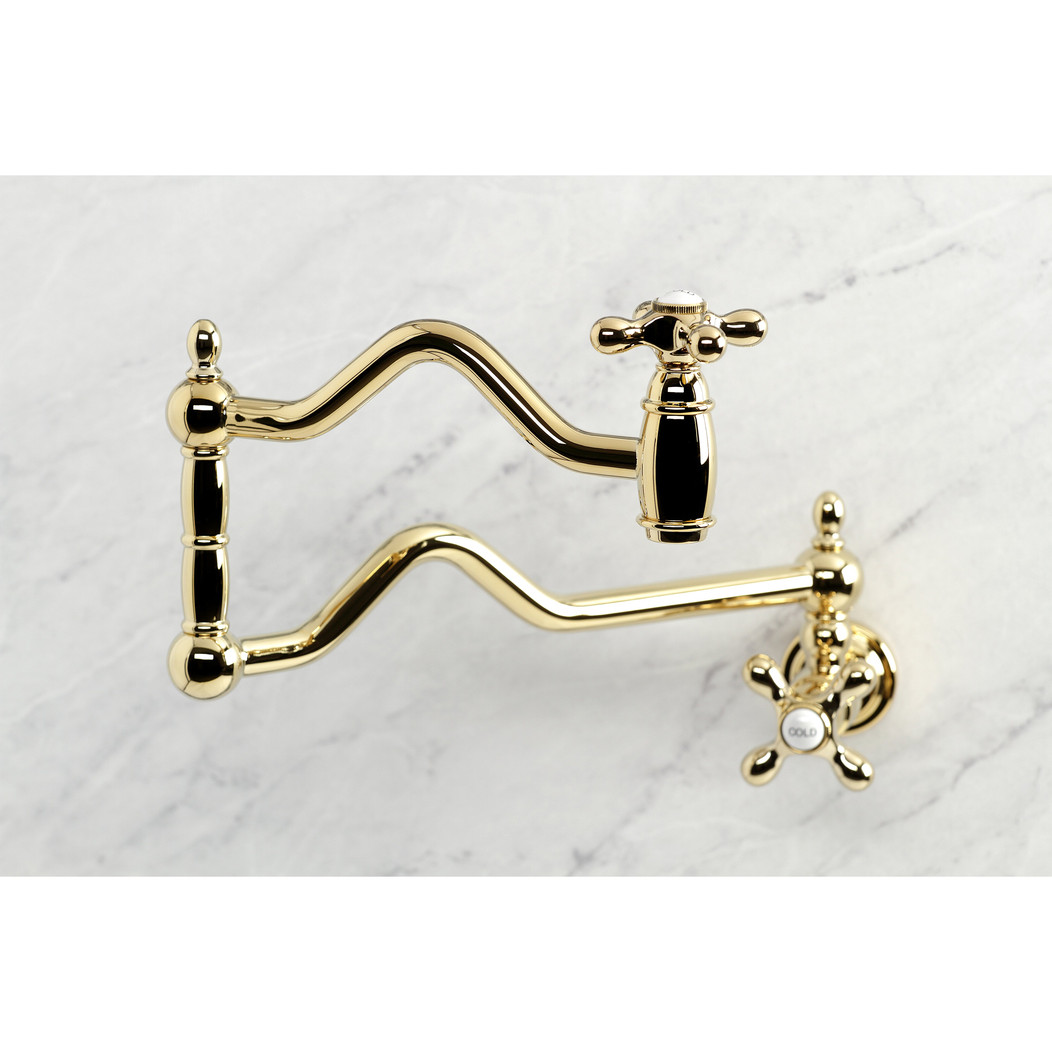 Kingston Brass KS2107AX Heritage Wall Mount Pot Filler Faucet, Brushed Brass in stylish gold finish with swing arms.