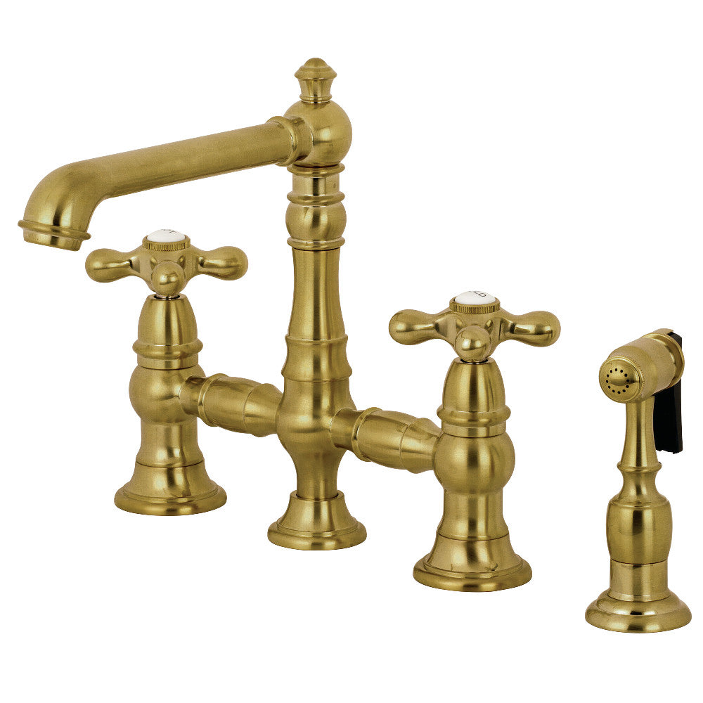 Kingston KS7277AXBS English Country Bridge Kitchen Faucet with Brass Sprayer, Brushed Brass