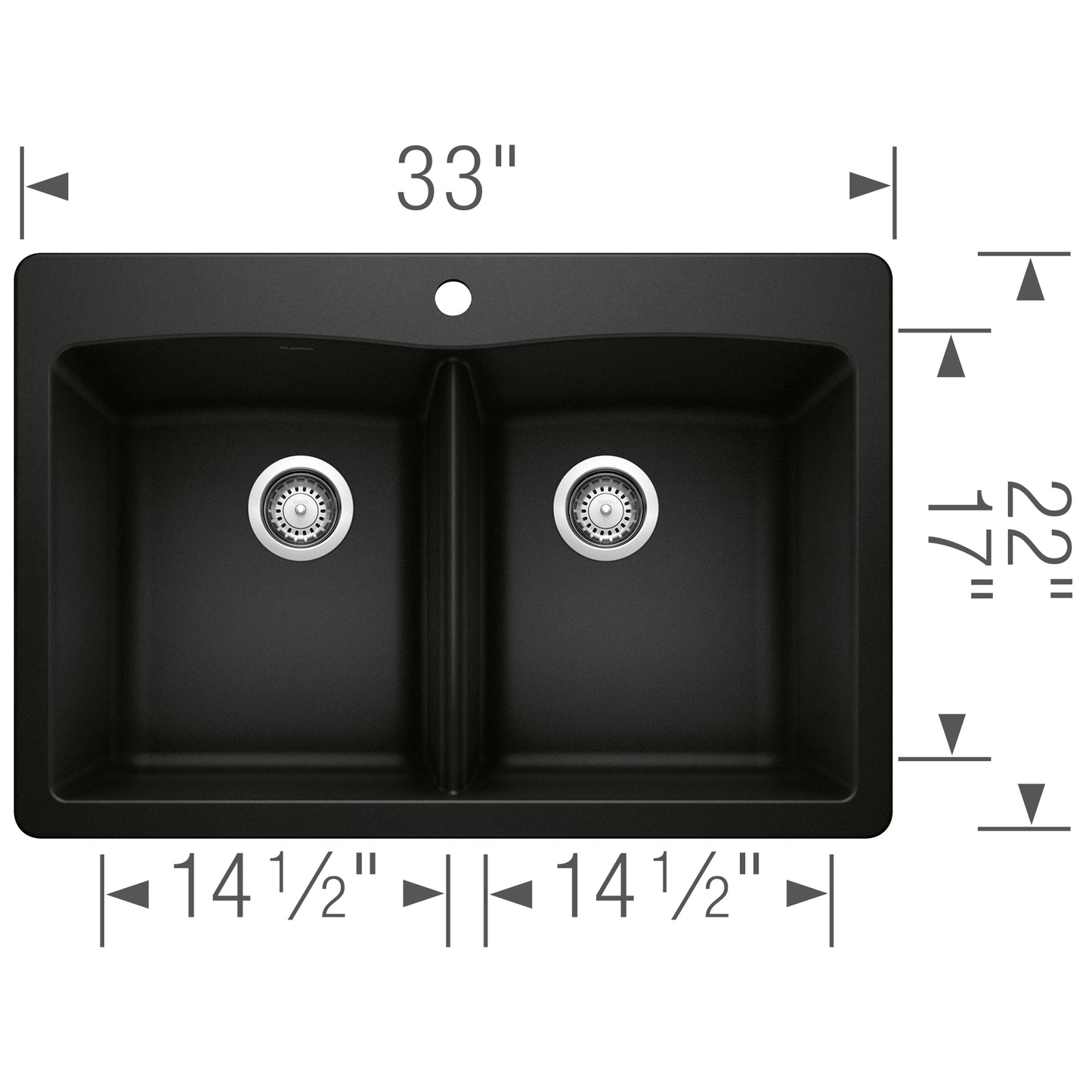 BLANCO Diamond SILGRANIT 33" 50/50 Double Bowl Dual Mount Kitchen Sink dimensions and design layout.