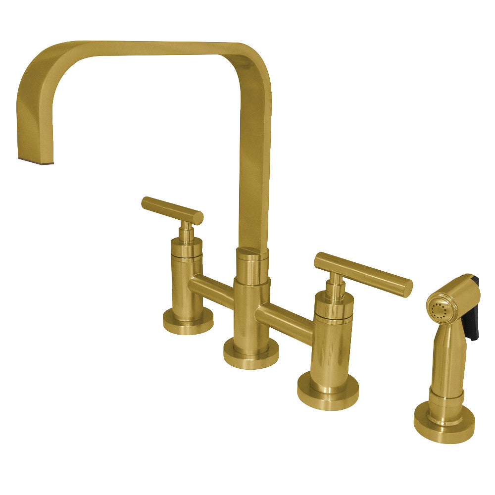 Kingston KS8257CMLBS Manhattan Bridge Kitchen Faucet with Brass Sprayer, Brushed Brass design and sleek finish.