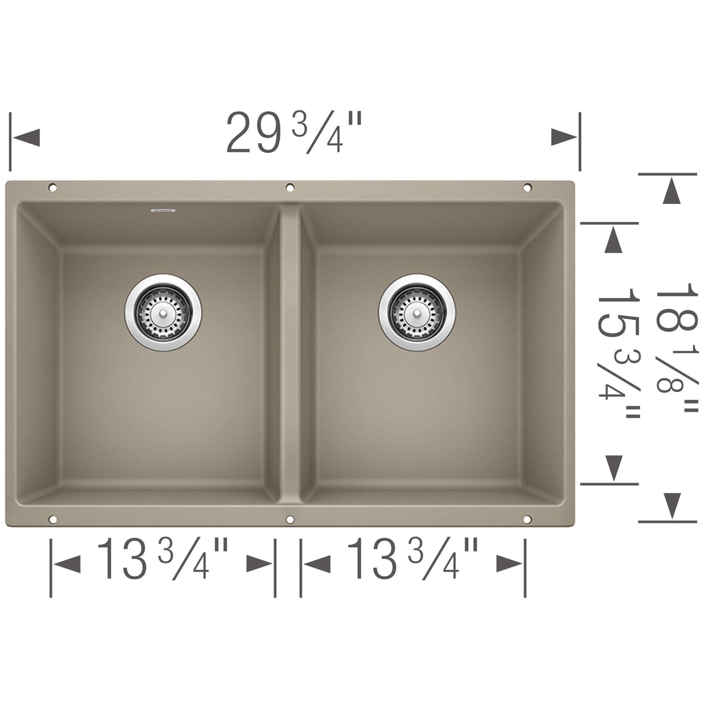 BLANCO Precis SILGRANIT 29" 50/50 Double Bowl Undermount Kitchen Sink dimensions and design features.