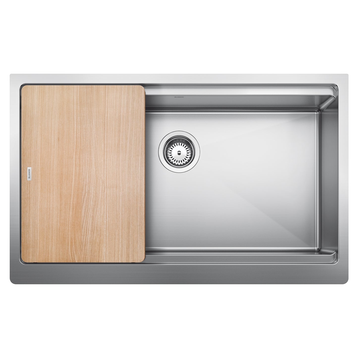 BLANCO Quatrus R15 Ergon 33" Single Bowl Apron-Front Stainless Steel Farmhouse Sink with wooden cutting board