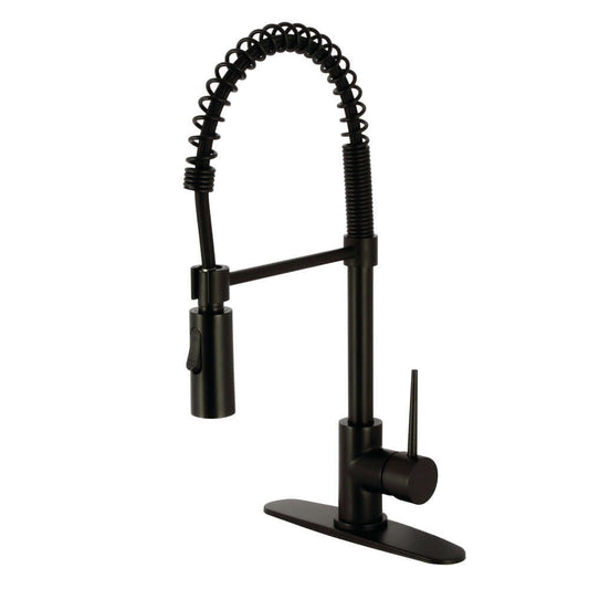 Kingston Brass LS8778NYL New York Pre-Rinse Kitchen Faucet in matte black with high-arching spout for professional use.