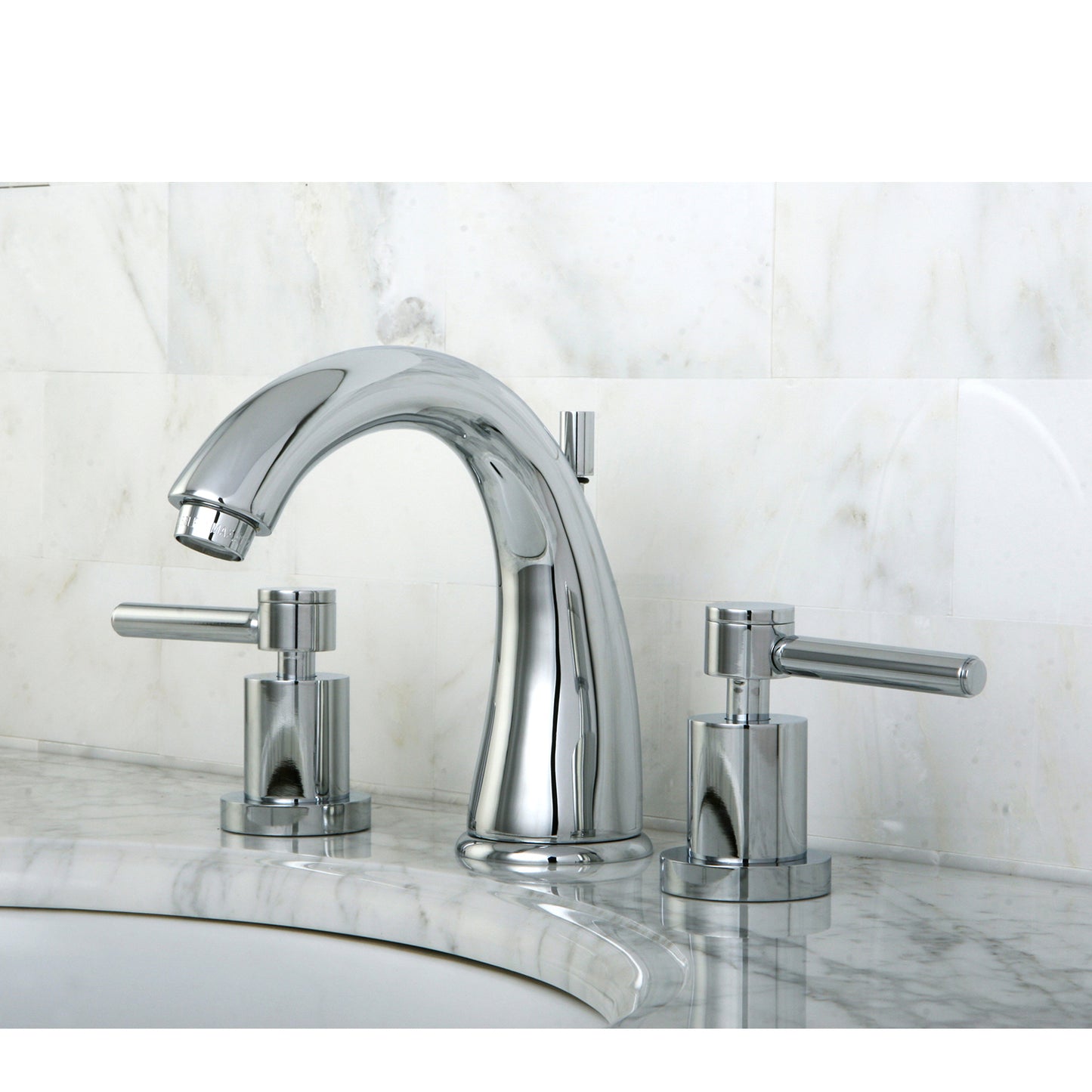 Kingston Brass KS2967DL Concord Widespread Bathroom Faucet right side view with sleek lever handles on marble countertop.